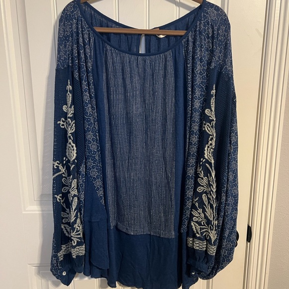 Free People Womens Indigo Dreams Tunic Embroidered Mesh Balloon Sleeves Boho XL - Picture 3 of 16